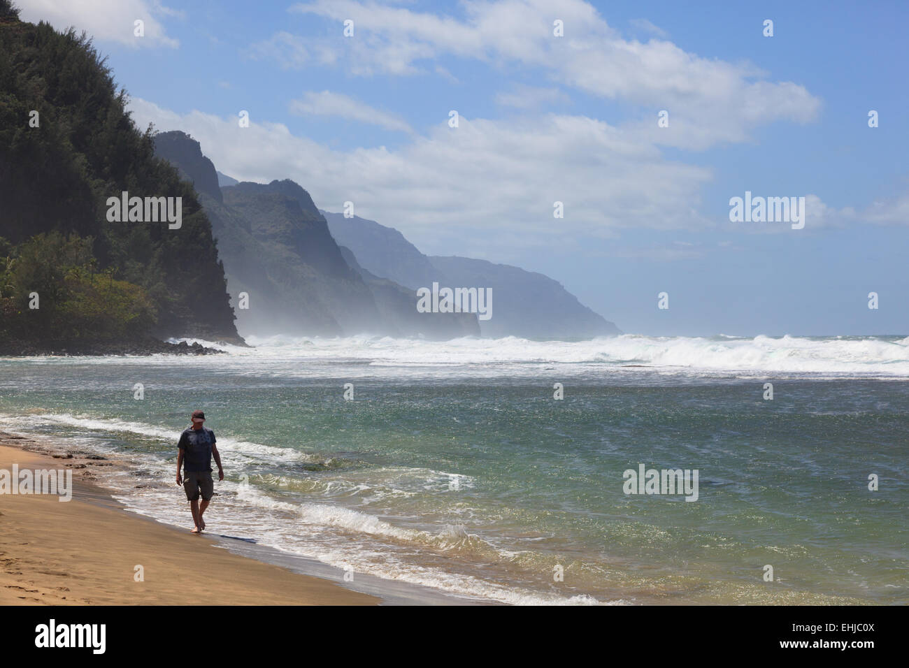 View from Ke`e Beach beginning of eleven-mile Kalalau Trail, Na Pali Coast, Kauai, Hawaii Stock Photo